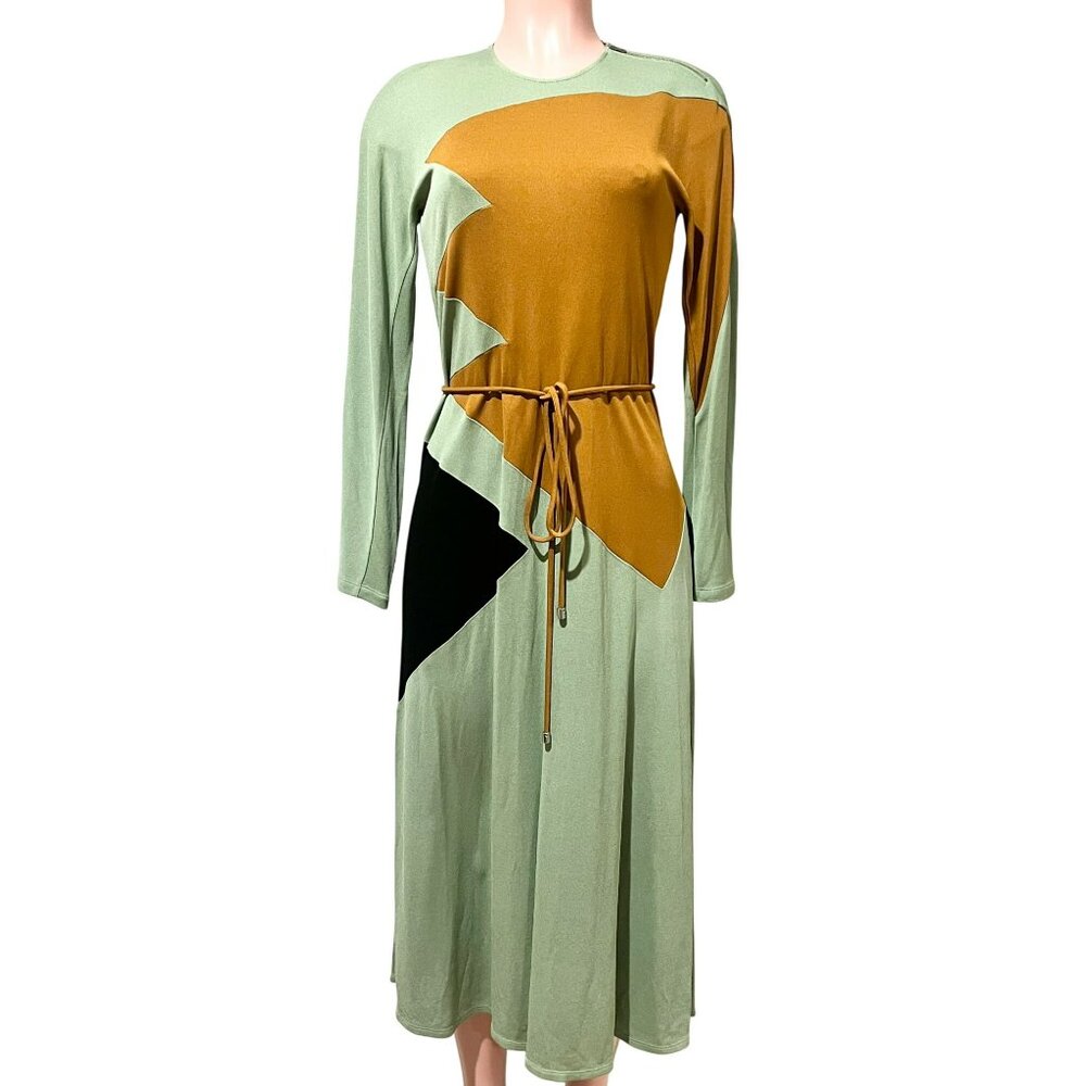 T-175. Tory Burch Color Block Honeycomb Jersey Dress Light Green Viridian - Picture 7 of 13